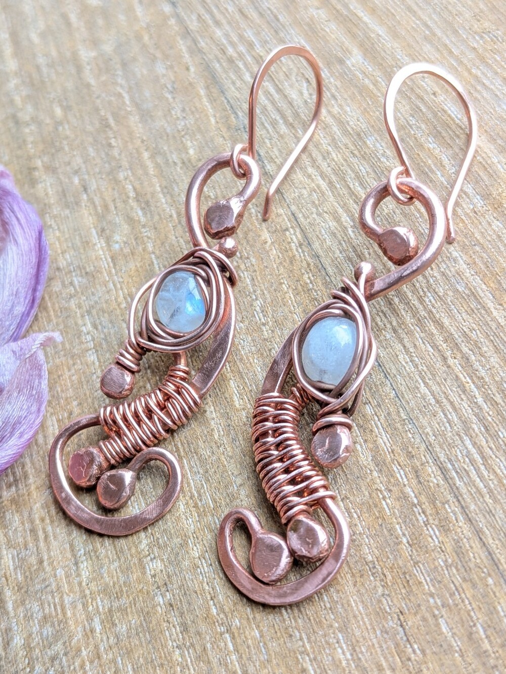Artisan Copper Earrings with Moonstones - Picture 3 of 11